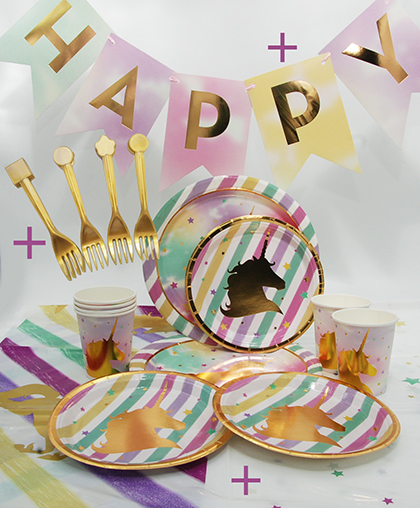Набор посуды на день рождения "Золотой Единорог+"